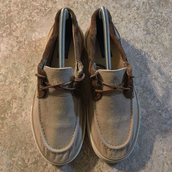 Polo Ralph Lauren Mens 8.5 D Rylander Canvas Leather Boat Shoe Tan and Brown - Picture 3 of 9